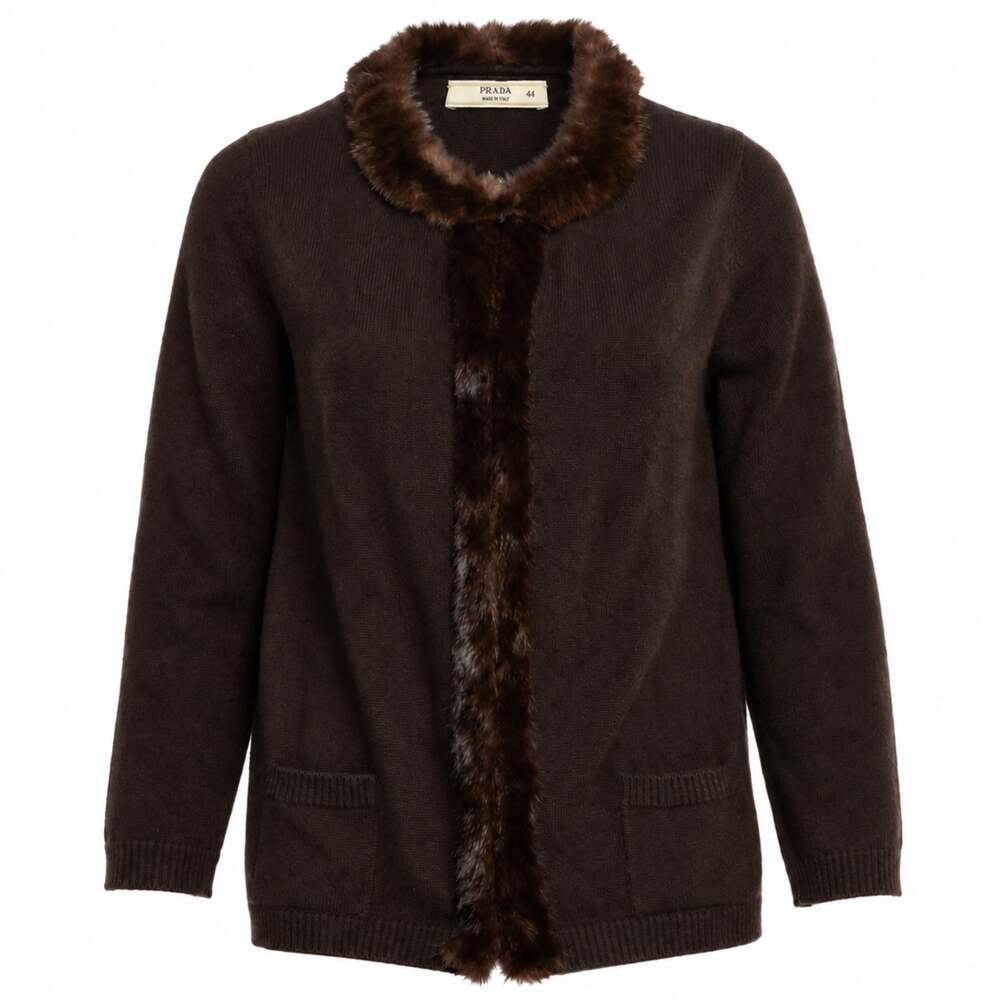Prada Vintage 2000s Brown Knit Cashmere Mink Trimmed Cardigan Size 44